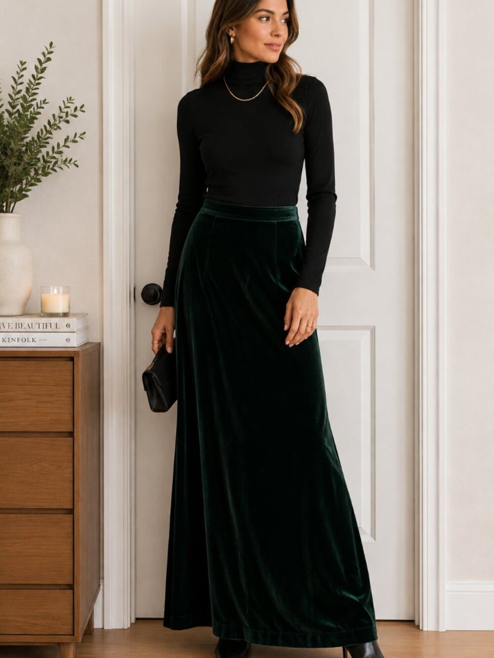 Vintage Emerald Green Velvet Maxi Skirt Size 12 Made in USA‎ Holiday 90s ✨